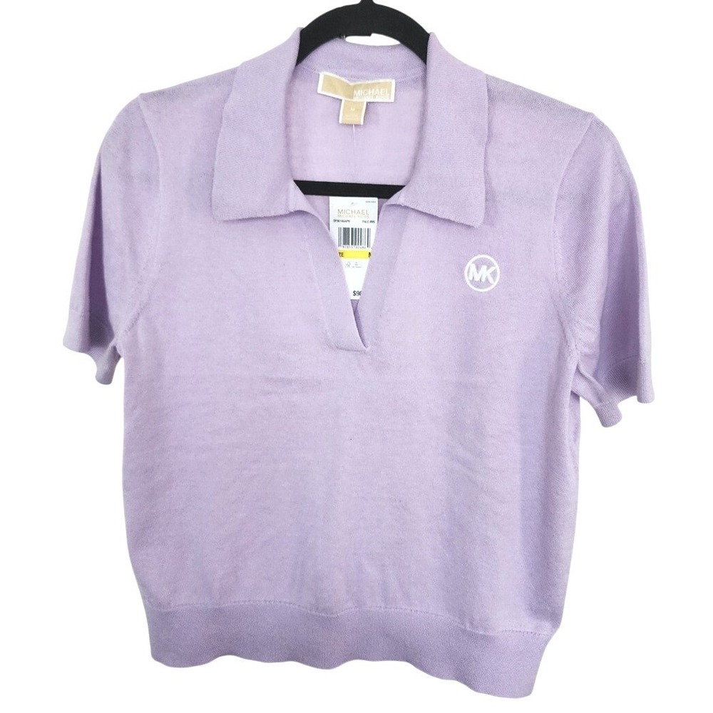 Michael Kors Pale Iris Purple Knit Polo Sweater Short Sleeve MK Logo M - Picture 1 of 6